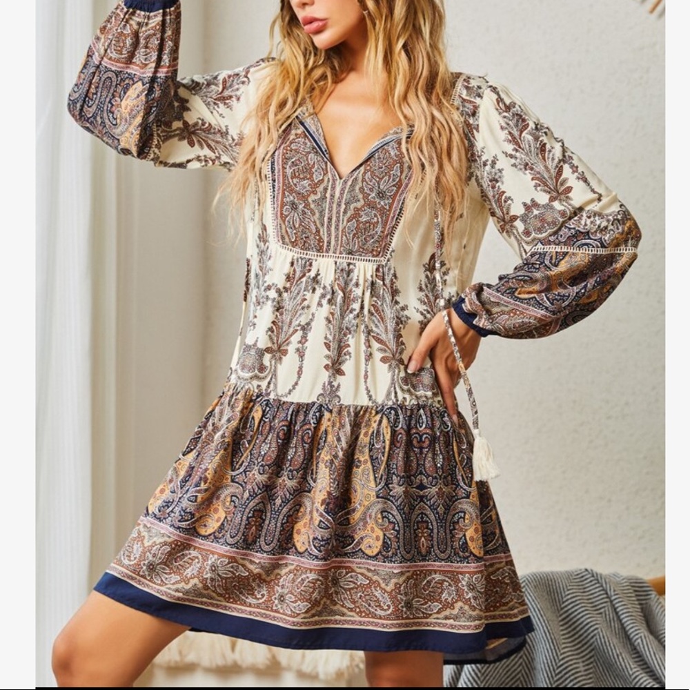 Boho Gypsy Paisley Print Cottagcore Tassel Ruffle Long Sleeve Dress - Picture 3 of 7